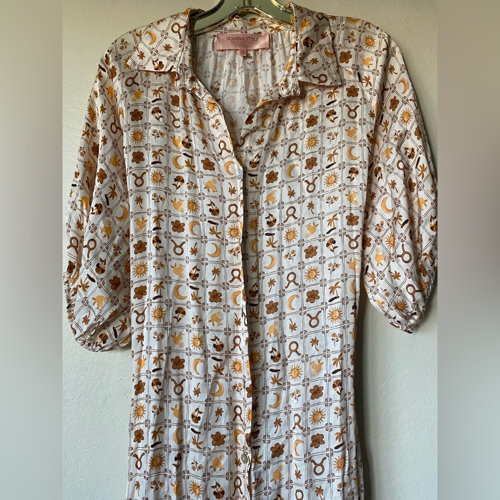 Scandal Italy Chiara midi dress silky sun moon summer beige tie waist button